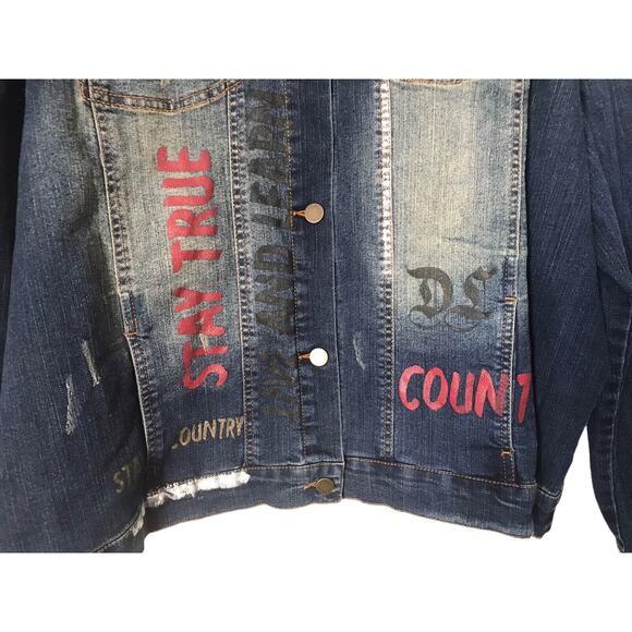 Stay Country Denim Jacket Womens Size 3X Dark Wash Graffiti Art Western Trucker - Picture 4 of 14